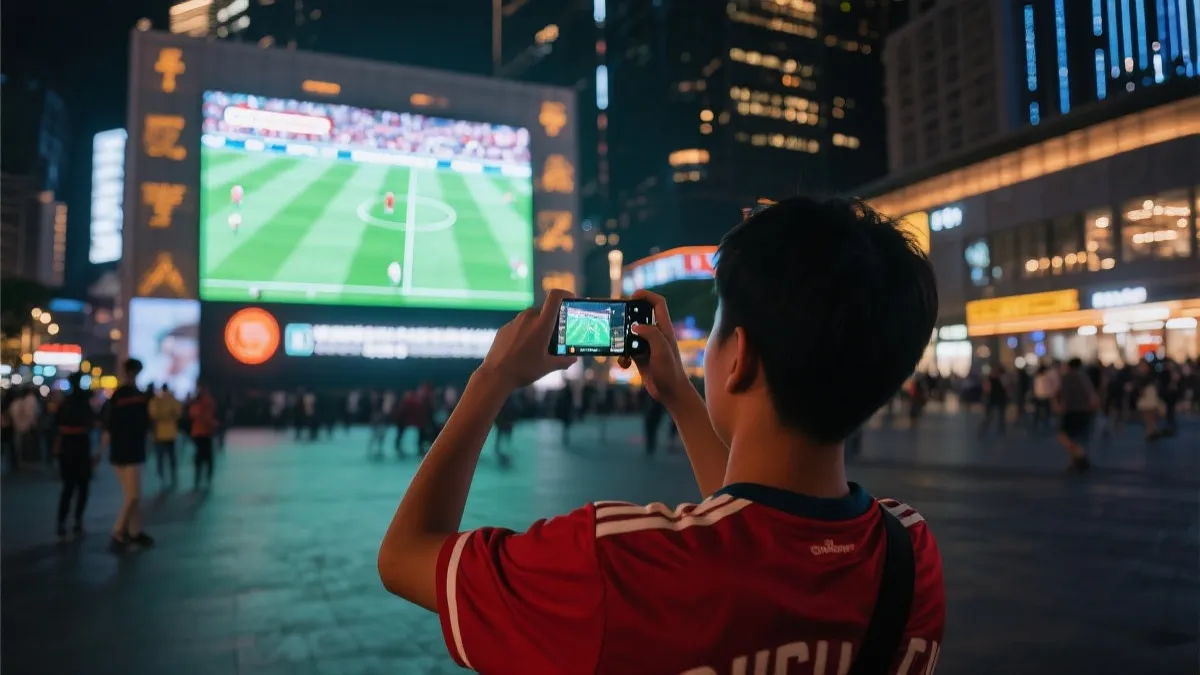 球迷在大屏幕前观看世界杯并用手机拍摄短视频的场景