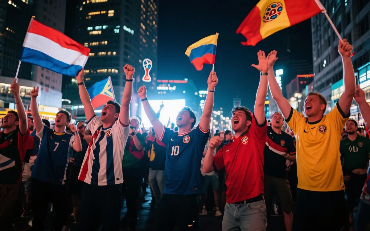 球迷在北美城市街头庆祝世界杯比赛胜利的场景